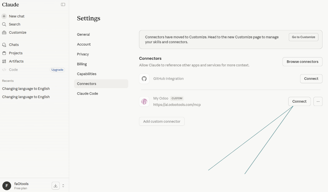 The list of connectors in Claude settings with 'My Odoo' added as a custom tool and the 'Connect' button highlighted.